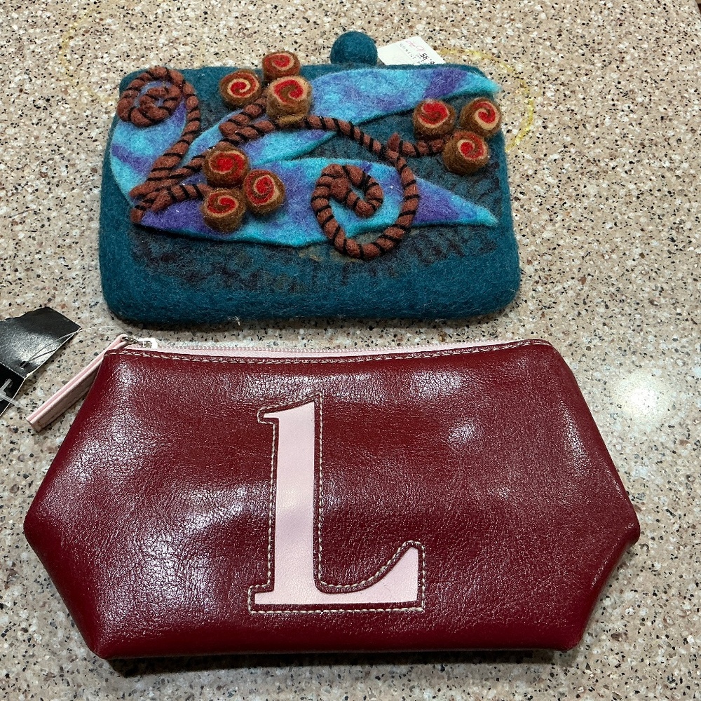 Felted makeup bag or cell phone carrier and vinyl bag with L monogram